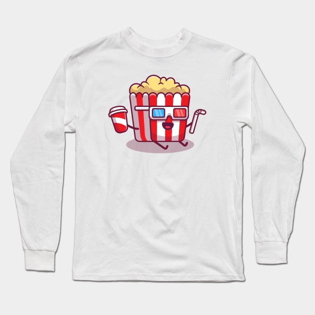 Cute Popcorn Holding Soda And Straw With 3D Movie Glasses Long Sleeve T-Shirt by Catalyst Labs